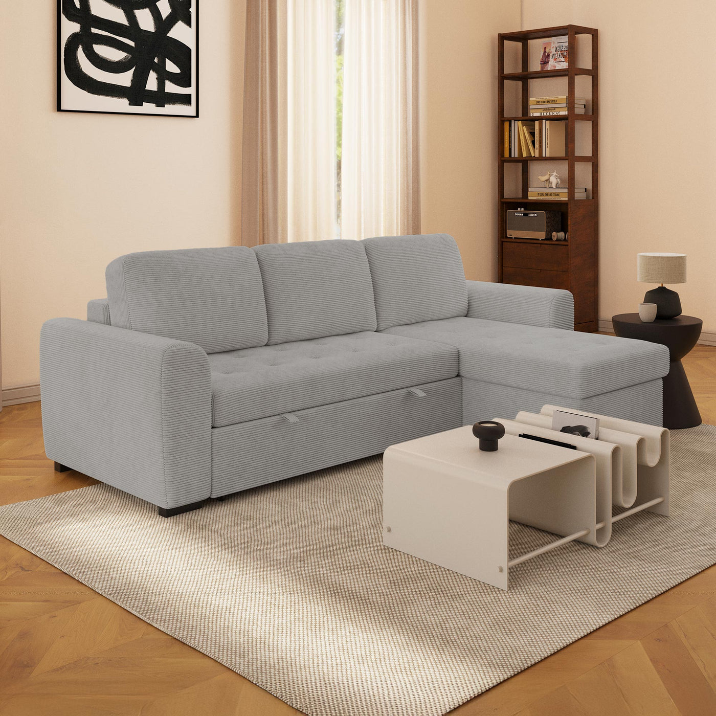 EMELINE Canapé d'angle réversible convertible avec coffre en velours côtelé gris clair