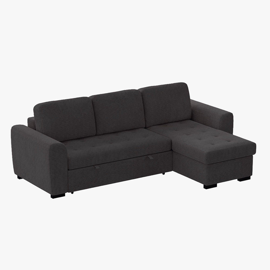 EMELINE Canapé d'angle réversible convertible avec coffre en velours côtelé anthracite — aperçu vidéo