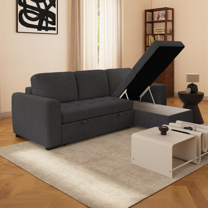 EMELINE Canapé d'angle réversible convertible avec coffre en velours côtelé anthracite