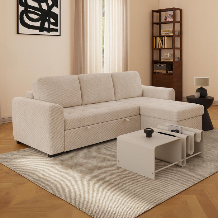 EMELINE Canapé d'angle réversible convertible avec coffre en velours côtelé beige