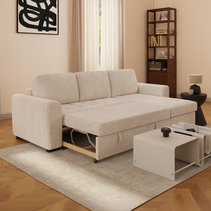 EMELINE Canapé d'angle réversible convertible avec coffre en velours côtelé beige