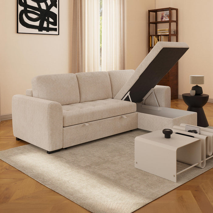 EMELINE Canapé d'angle réversible convertible avec coffre en velours côtelé beige