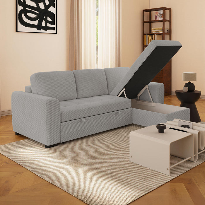 EMELINE Canapé d'angle réversible convertible avec coffre en velours côtelé gris clair
