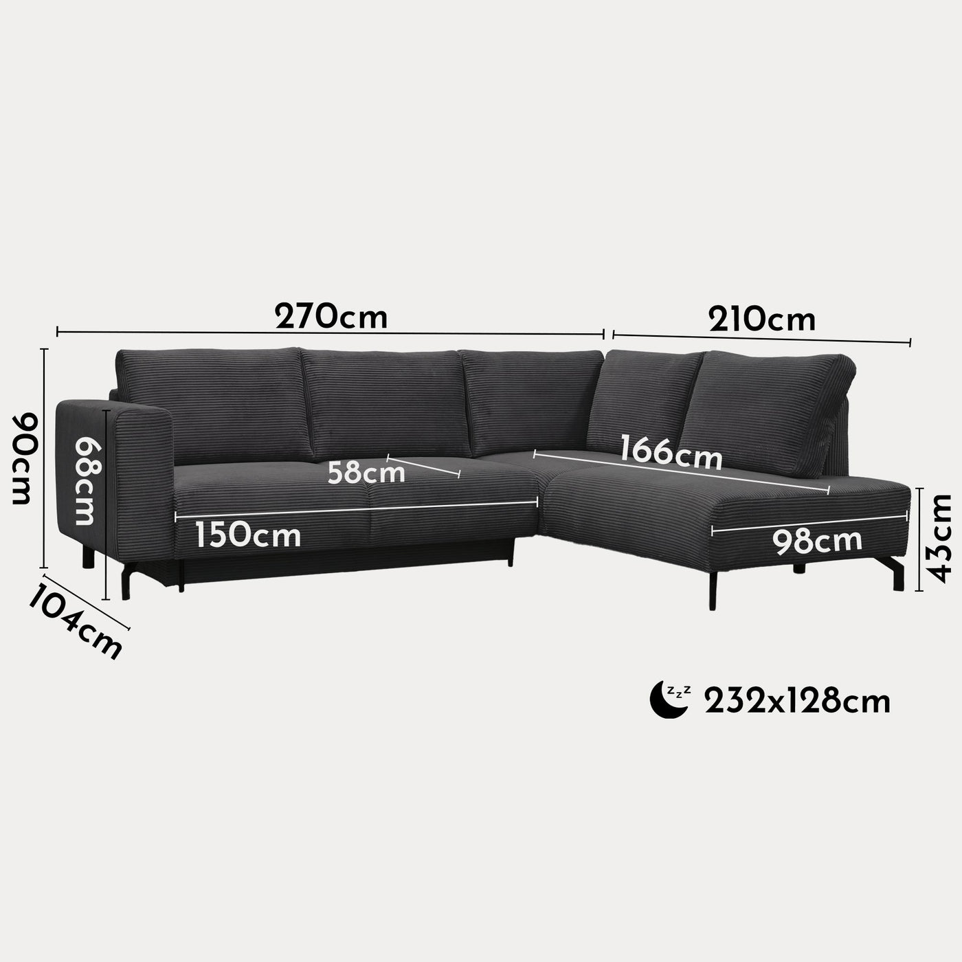 EMILIA Canapé d'angle convertible avec coffre en velours côtelé anthracite - Angle droit
