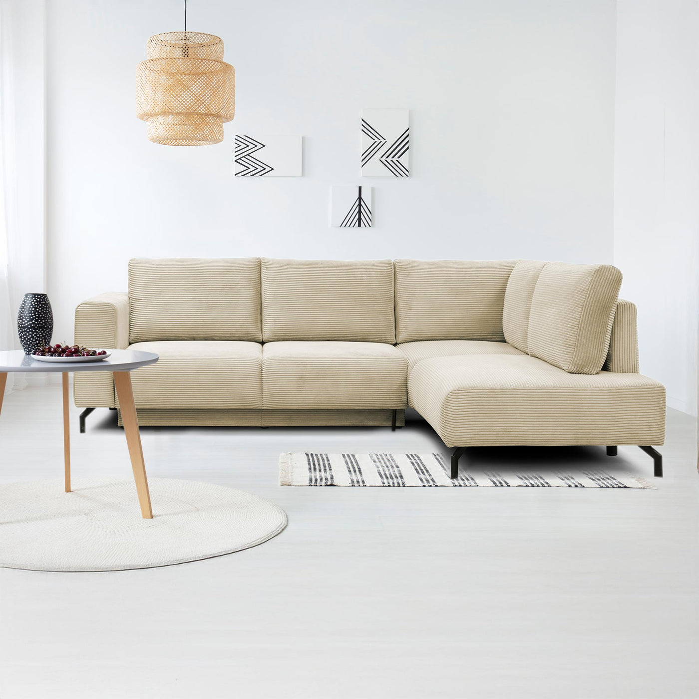 EMILIA Canapé d'angle convertible avec coffre en velours côtelé beige - Angle droit