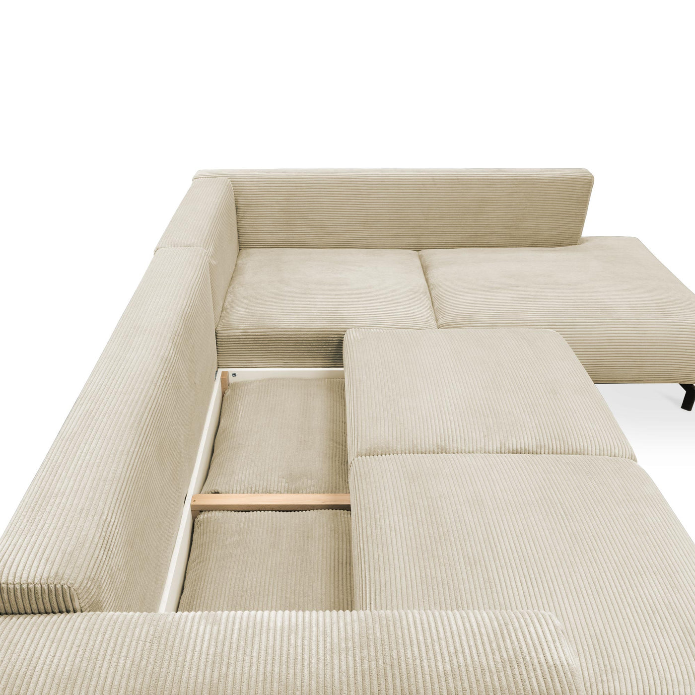 EMILIA Canapé d'angle convertible avec coffre en velours côtelé beige - Angle droit