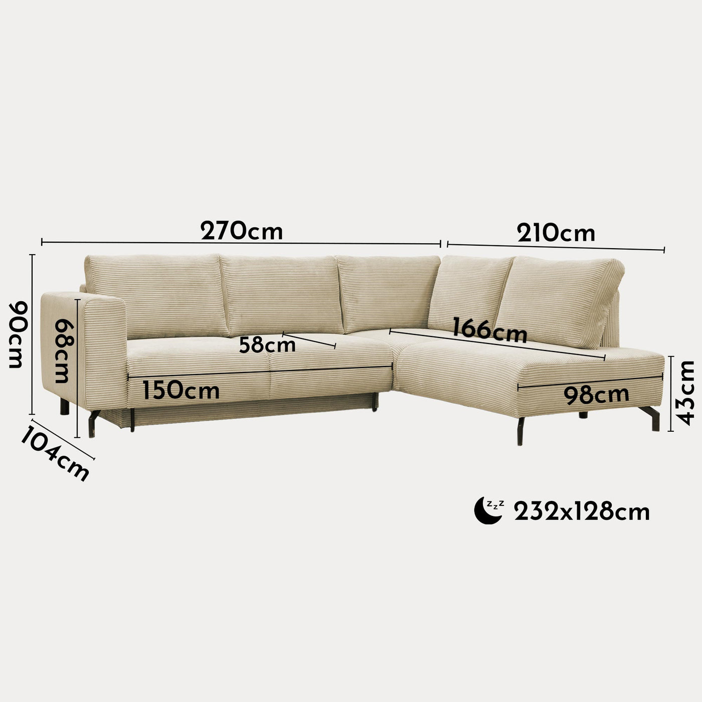 EMILIA Canapé d'angle convertible avec coffre en velours côtelé beige - Angle droit