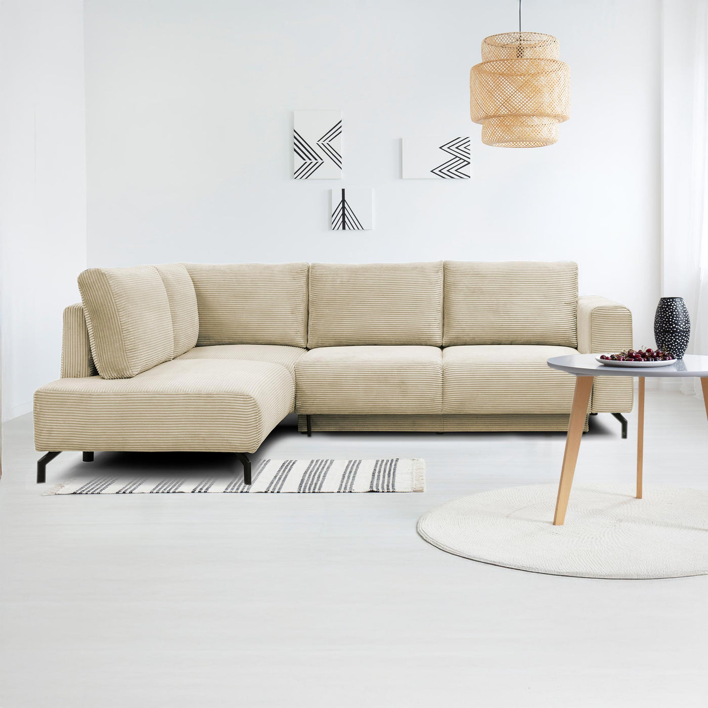 EMILIA Canapé d'angle convertible avec coffre en velours côtelé beige - Angle gauche