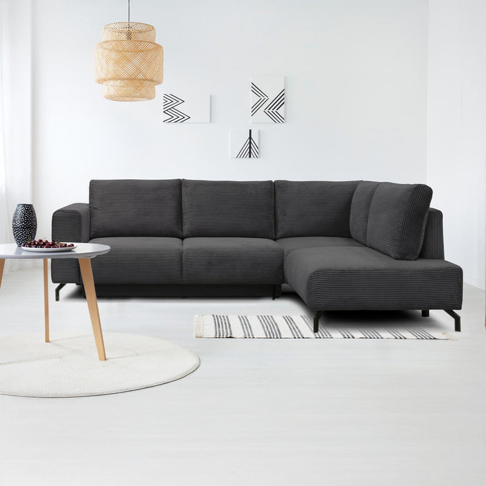 EMILIA Canapé d'angle convertible avec coffre en velours côtelé anthracite - Angle droit