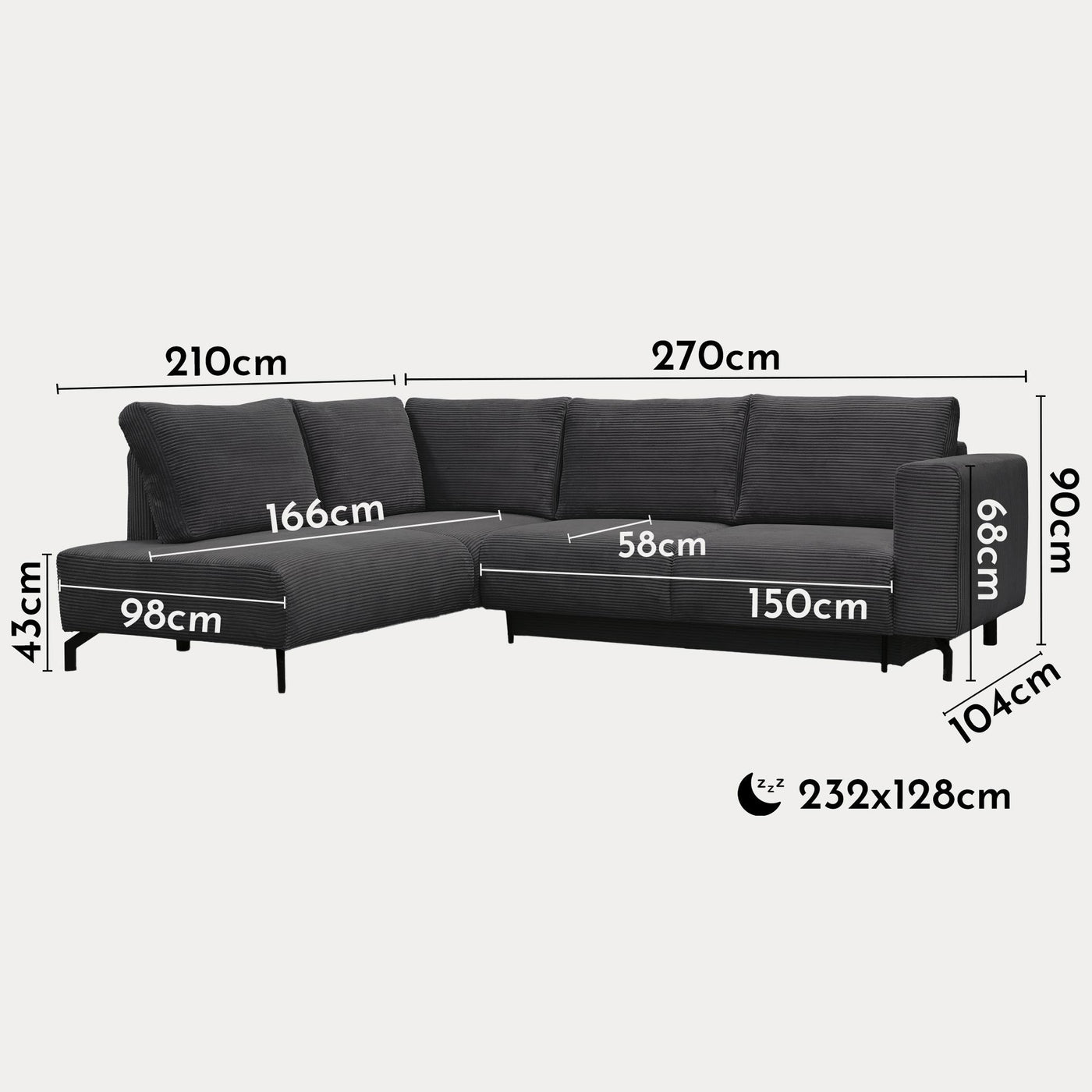 EMILIA Canapé d'angle convertible avec coffre en velours côtelé anthracite - Angle gauche - Canapé d'angle convertible - Mobilier Deco