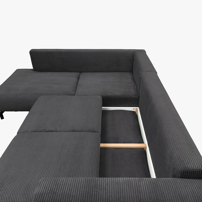 EMILIA Canapé d'angle convertible avec coffre en velours côtelé anthracite - Angle gauche