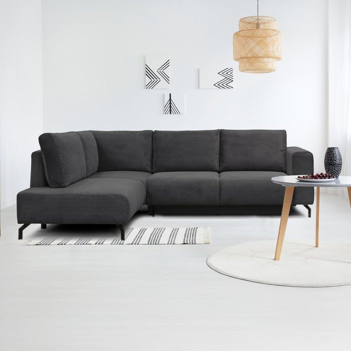 EMILIA Canapé d'angle convertible avec coffre en velours côtelé anthracite - Angle gauche
