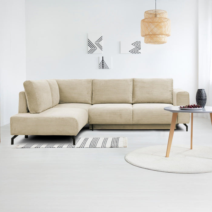 EMILIA Canapé d'angle convertible avec coffre en velours côtelé beige - Angle gauche