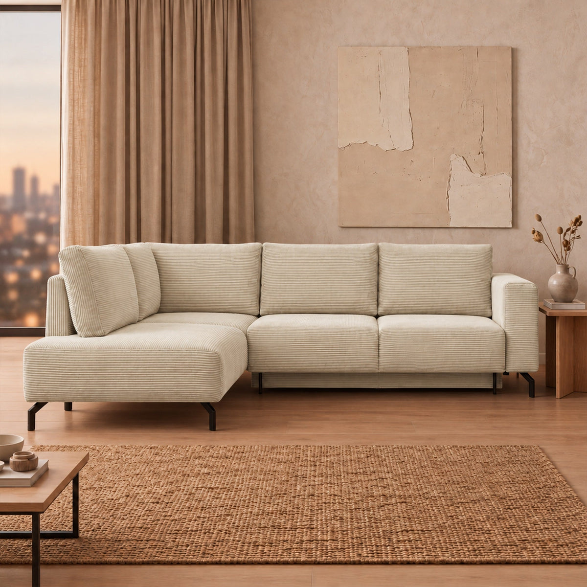 EMILIA Canapé d'angle convertible avec coffre en velours côtelé beige - Angle gauche - Canapé d'angle convertible - Mobilier Deco