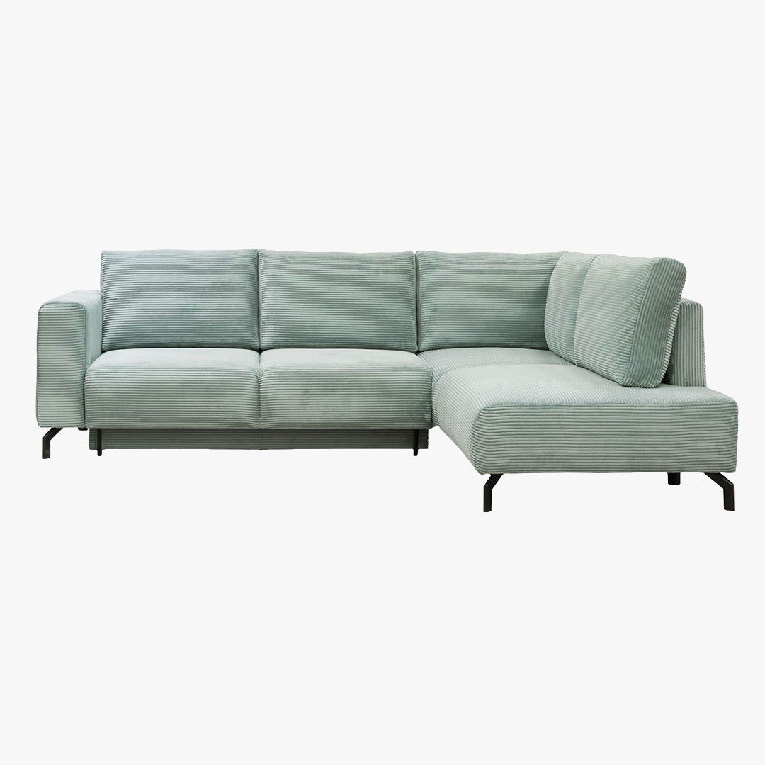 EMILIA Canapé d'angle convertible avec coffre en velours côtelé vert d'eau - Angle droit - Canapé d'angle convertible - Mobilier Deco