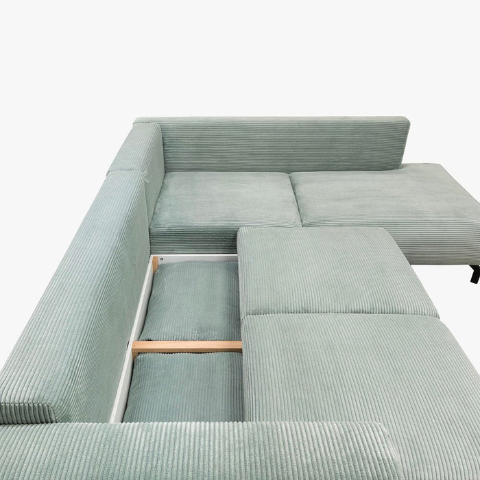 EMILIA Canapé d'angle convertible avec coffre en velours côtelé vert d'eau - Angle droit