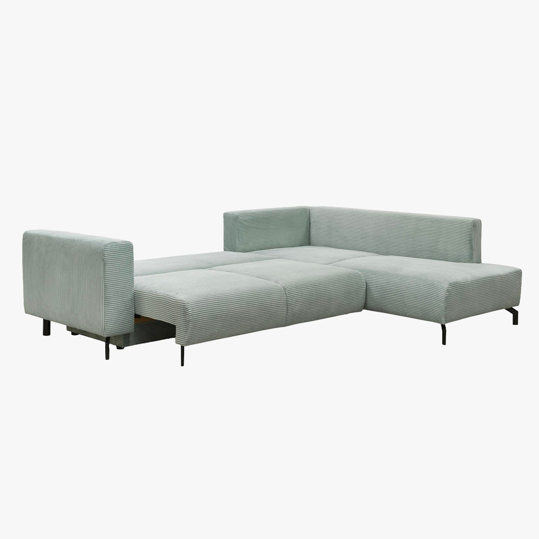 EMILIA Canapé d'angle convertible avec coffre en velours côtelé vert d'eau - Angle droit - Canapé d'angle convertible - Mobilier Deco