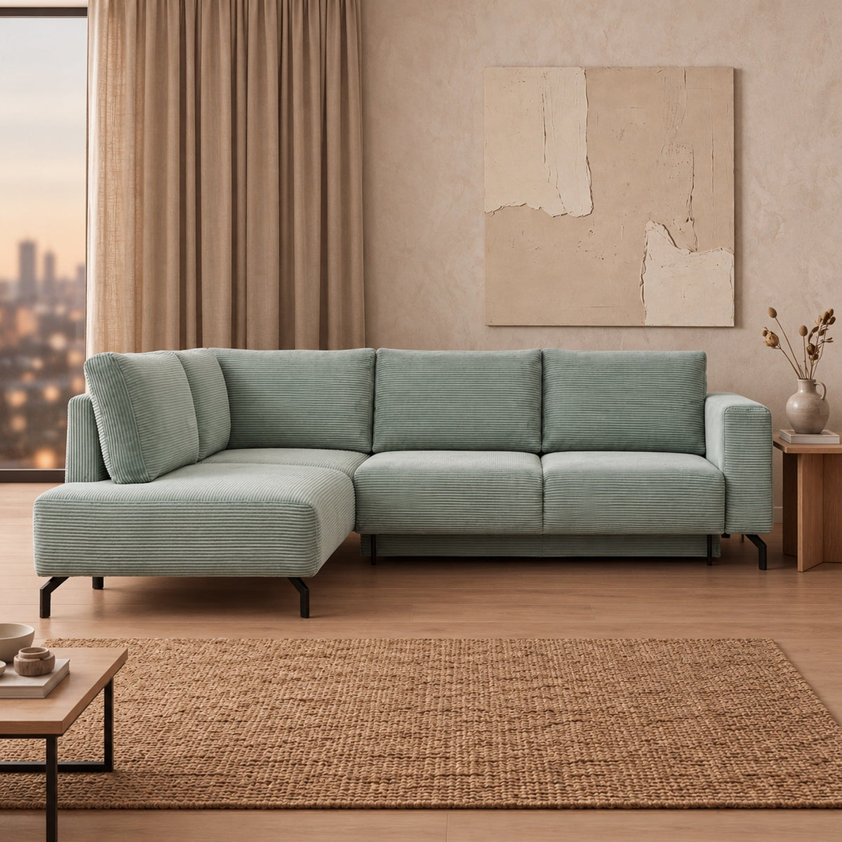 EMILIA Canapé d'angle convertible avec coffre en velours côtelé vert d'eau - Angle gauche - Canapé d'angle convertible - Mobilier Deco