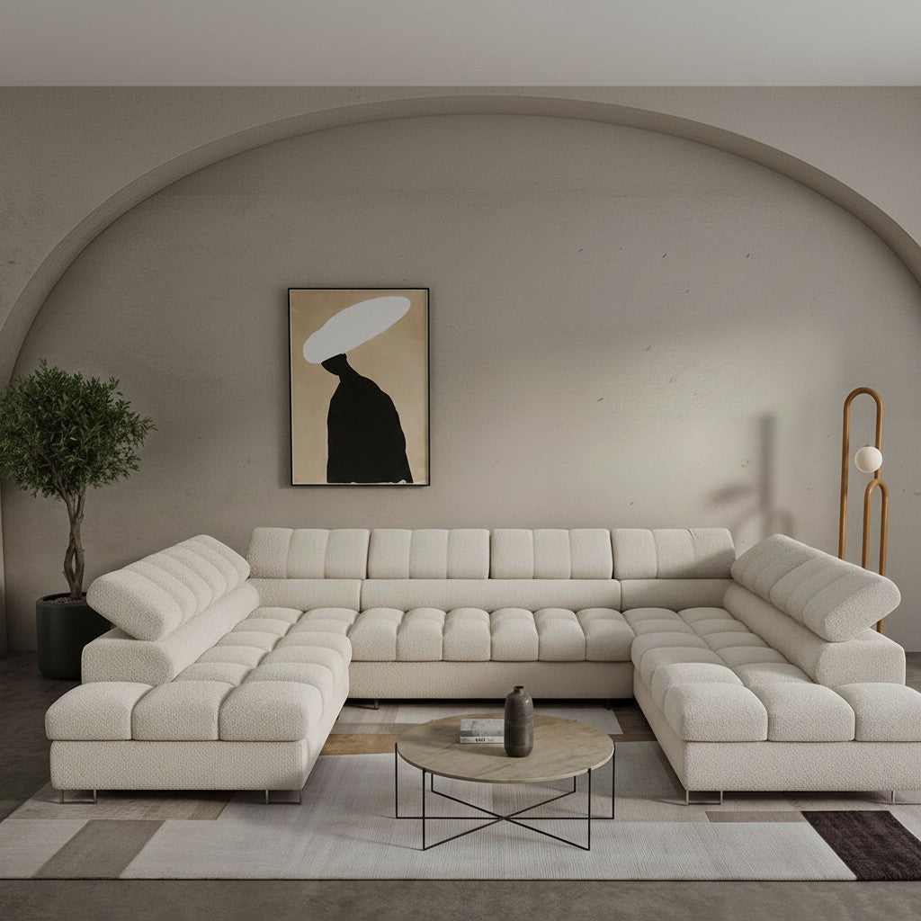 EMMA Canapé panoramique convertible avec 2 coffres et têtières relevables en tissu bouclette beige - Canapés panoramiques