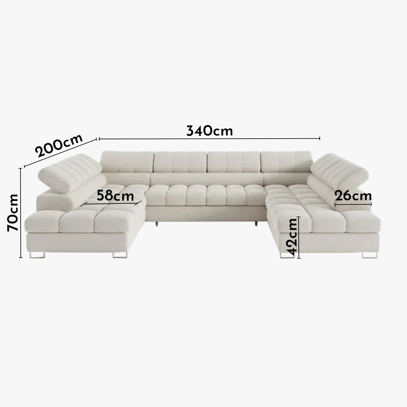 EMMA Canapé panoramique convertible avec 2 coffres et têtières relevables en tissu bouclette beige - Canapés panoramiques