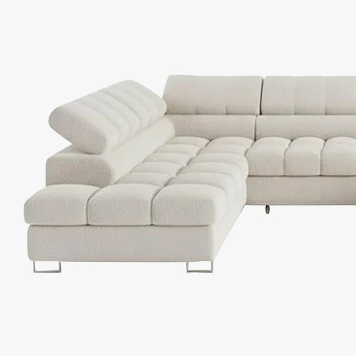 EMMA Canapé panoramique convertible avec 2 coffres et têtières relevables en tissu bouclette beige - Canapés panoramiques