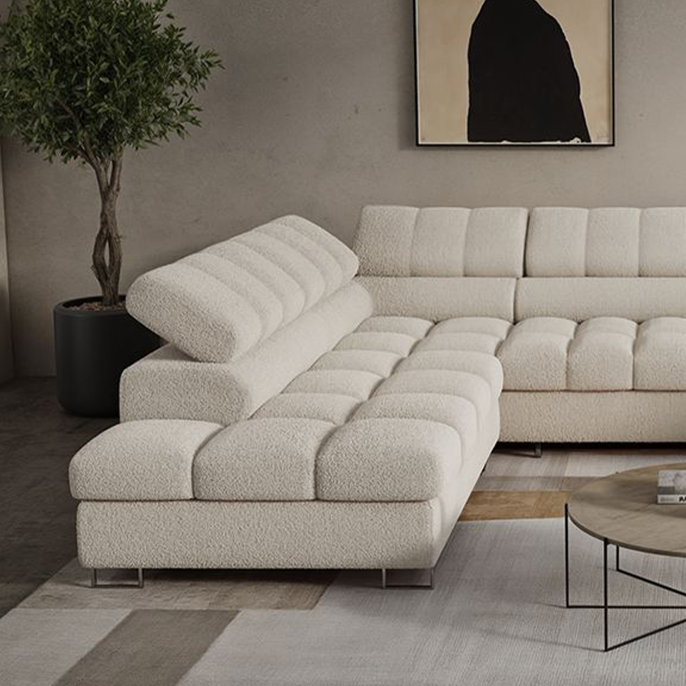 EMMA Canapé panoramique convertible avec 2 coffres et têtières relevables en tissu bouclette beige