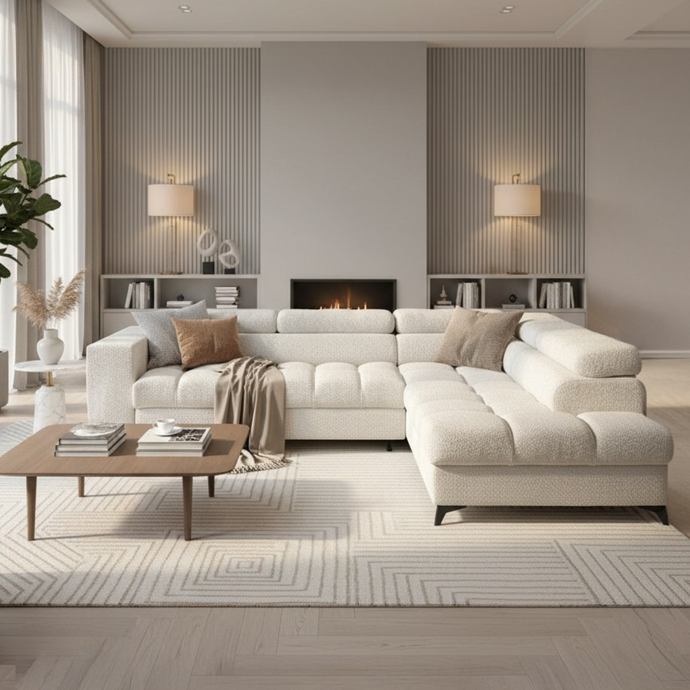 EMMA MINI Canapé d'angle convertible avec coffre et têtières relevables en tissu beige - Angle droit