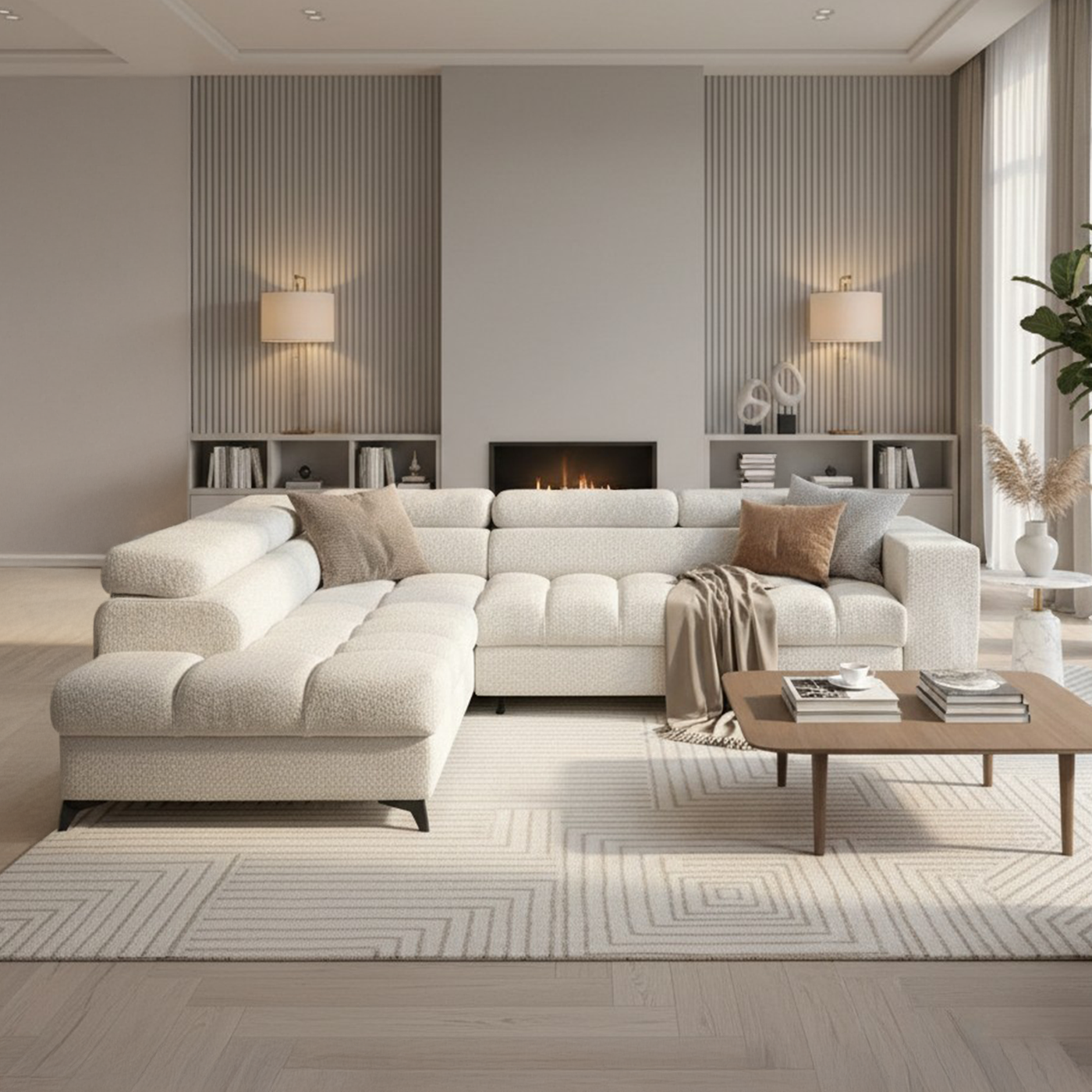 EMMA MINI Canapé d'angle convertible avec coffre et têtières relevables en tissu beige - Angle gauche