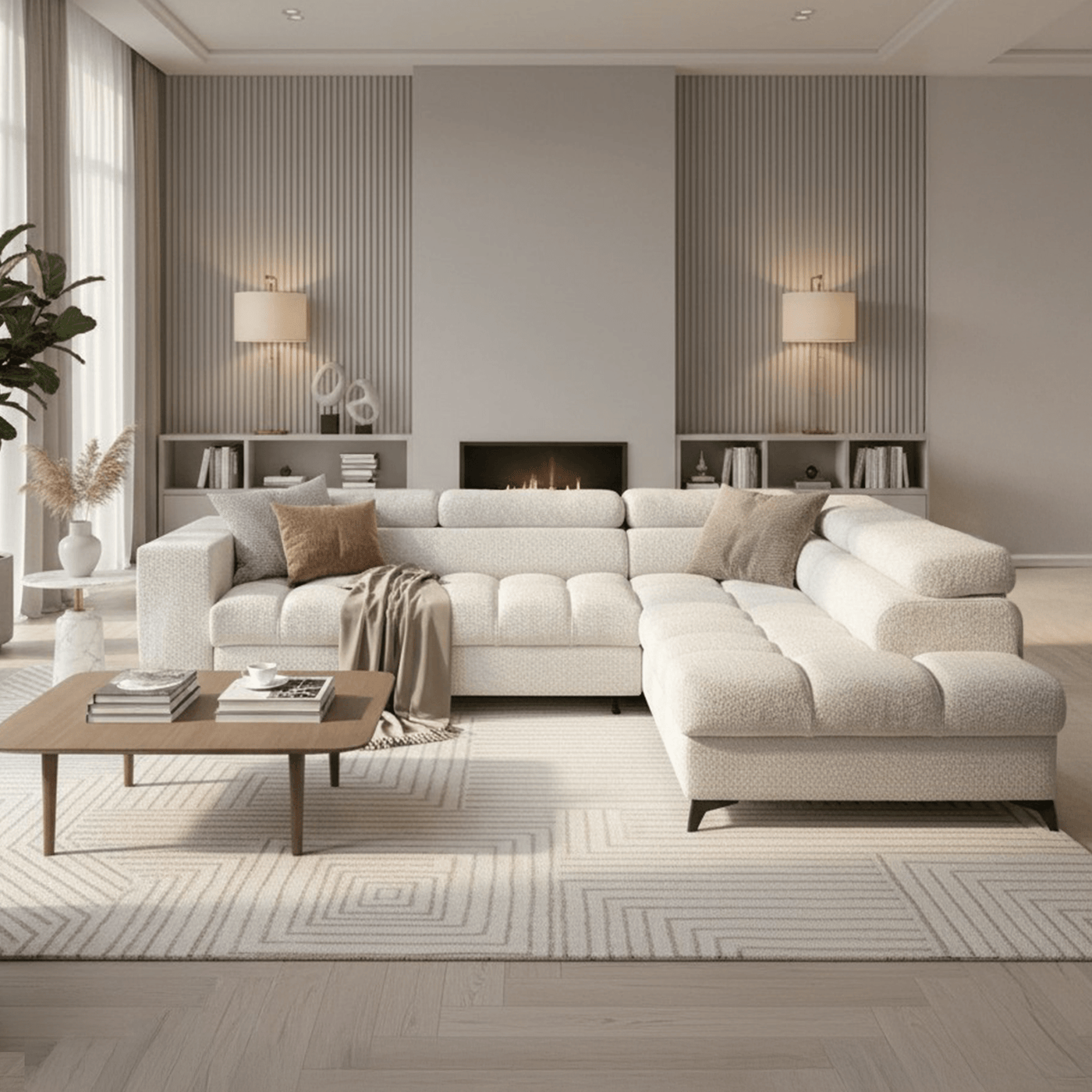 EMMA MINI Canapé d'angle convertible avec coffre et têtières relevables en tissu beige - Angle droit - Mobilier Deco