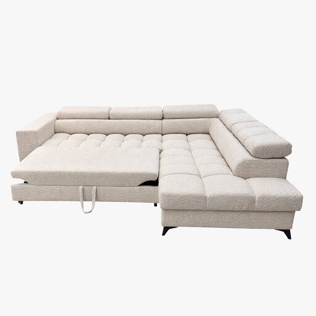 EMMA MINI Canapé d'angle convertible avec coffre et têtières relevables en tissu beige - Angle droit - Mobilier Deco
