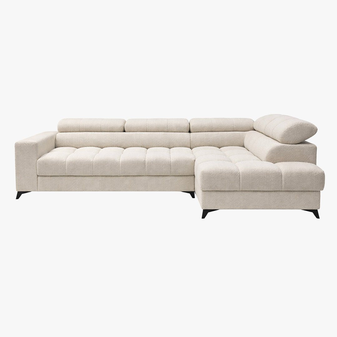 EMMA MINI Canapé d'angle convertible avec coffre et têtières relevables en tissu beige - Angle droit - Mobilier Deco