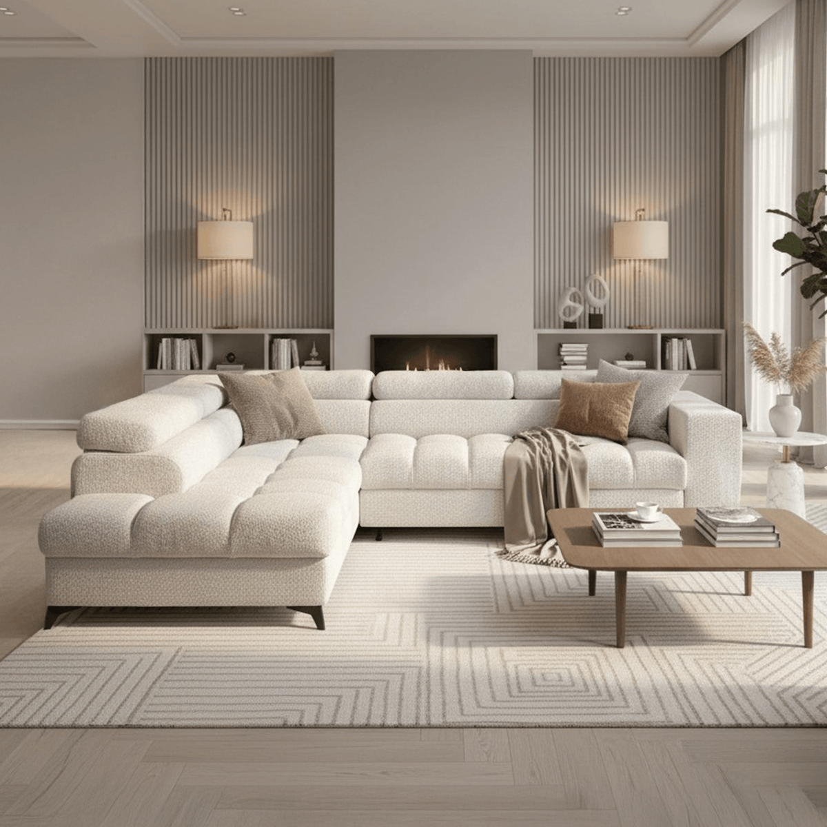 EMMA MINI Canapé d'angle convertible avec coffre et têtières relevables en tissu beige - Angle gauche - Mobilier Deco