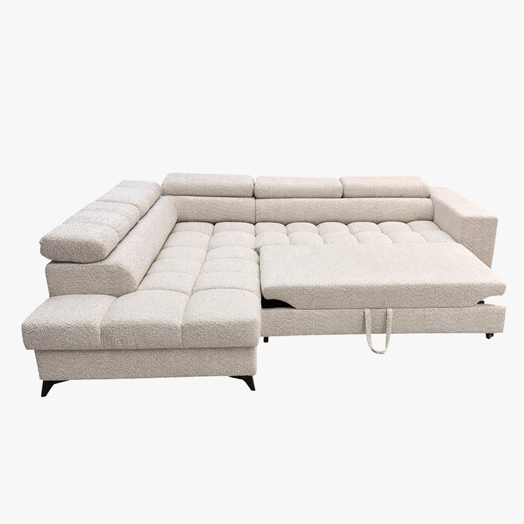 EMMA MINI Canapé d'angle convertible avec coffre et têtières relevables en tissu beige - Angle gauche - Mobilier Deco