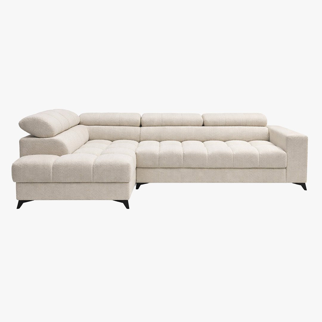 EMMA MINI Canapé d'angle convertible avec coffre et têtières relevables en tissu beige - Angle gauche - Mobilier Deco