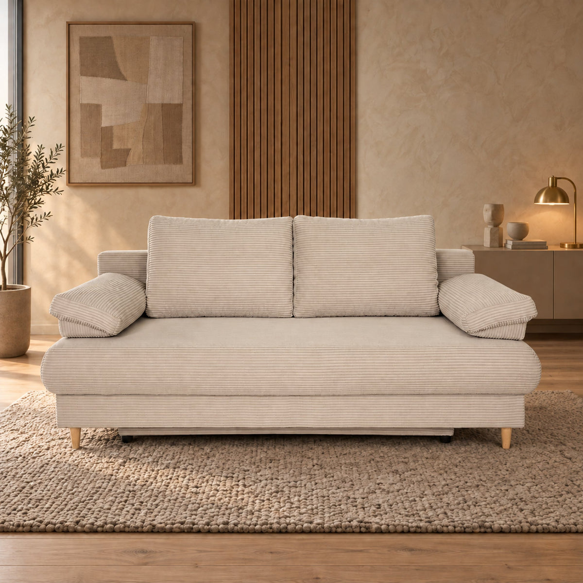 ERIYA Canapé 3 places convertible en velours côtelé beige - Canapés convertibles - Mobilier Deco