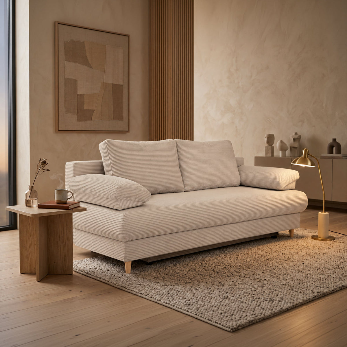 ERIYA Canapé 3 places convertible en velours côtelé beige - Canapés convertibles - Mobilier Deco