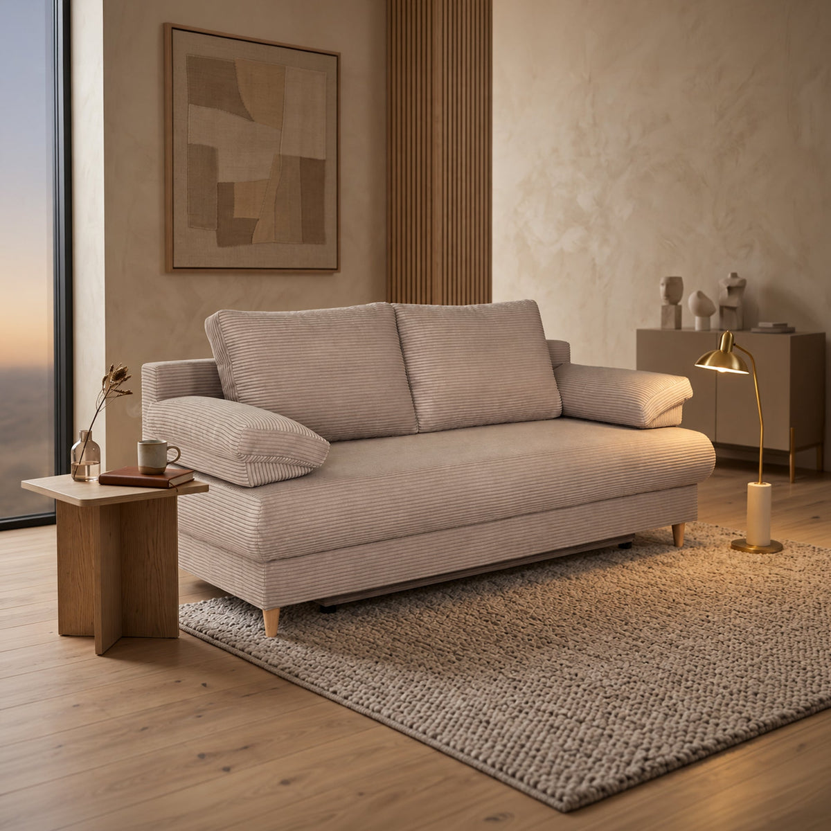 ERIYA Canapé 3 places convertible en velours côtelé taupe - Canapés convertibles - Mobilier Deco
