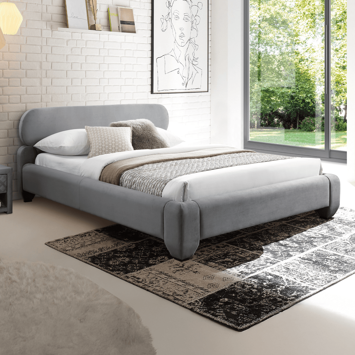 ESTELLE Lit double en velours gris 160x200 cm - Lits - Mobilier Deco