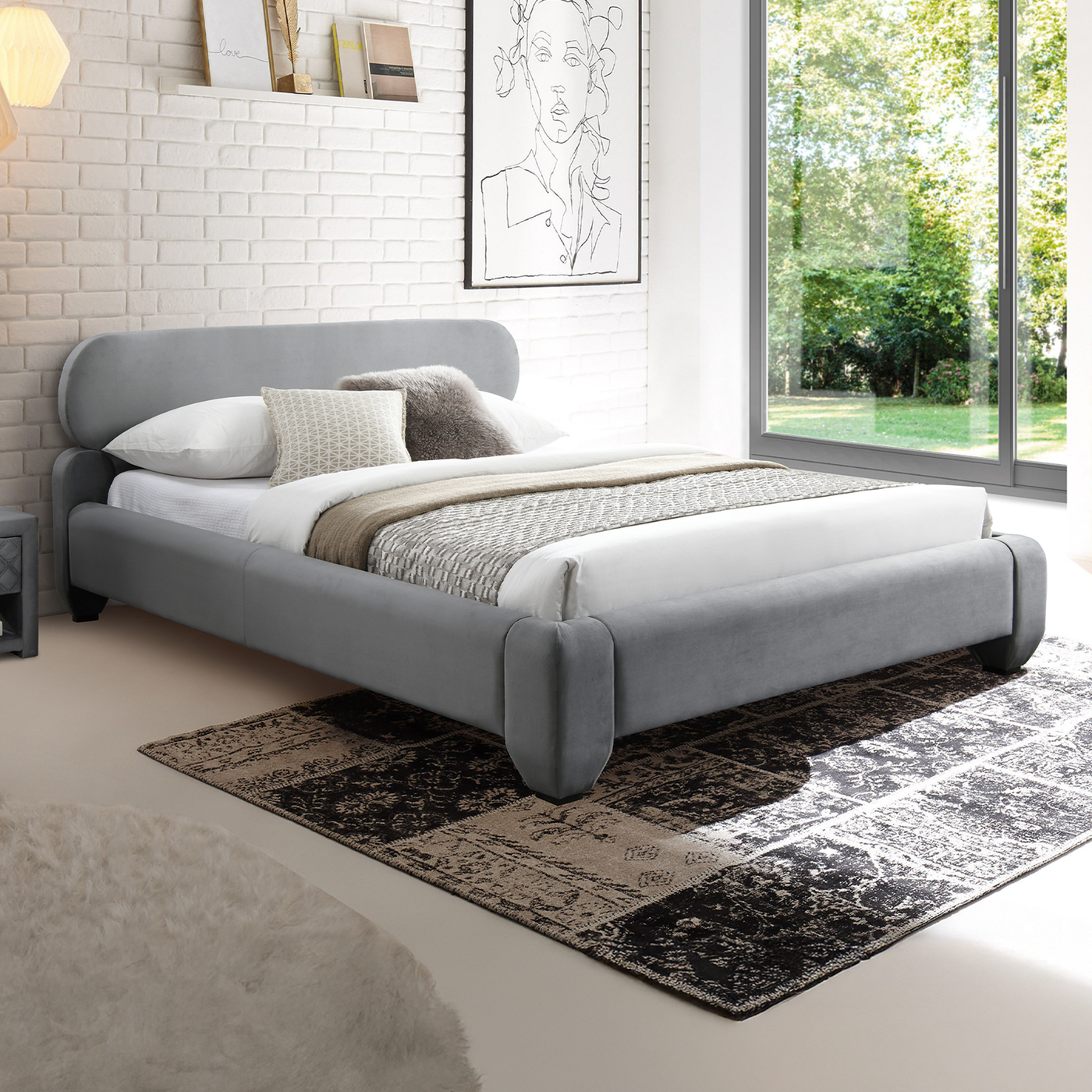 ESTELLE Lit double en velours gris 160x200 cm