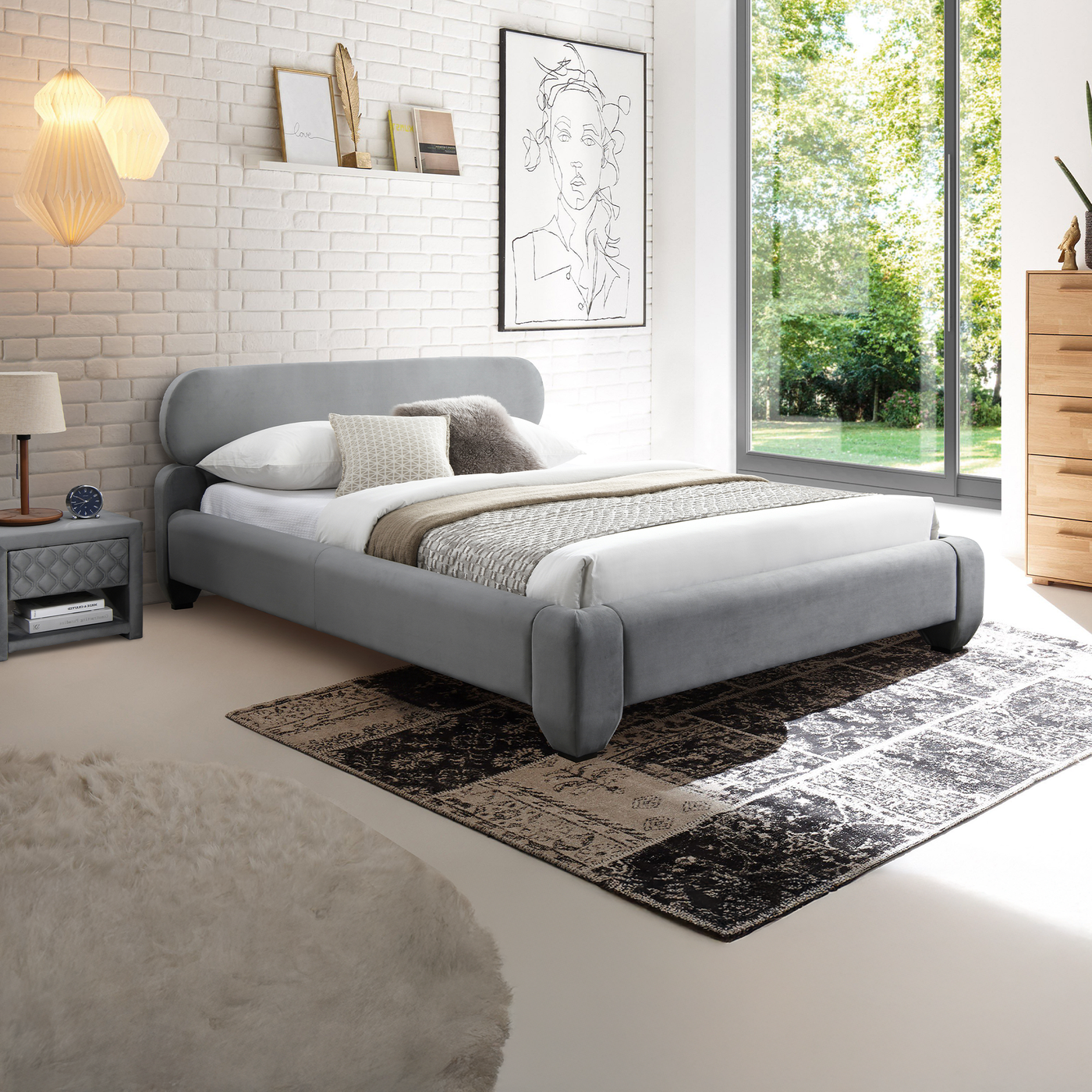 ESTELLE Lit double en velours gris 160x200 cm