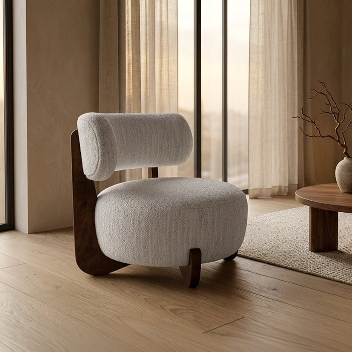 ESTER Fauteuil en tissu texturé blanc écru pieds en bois foncé
