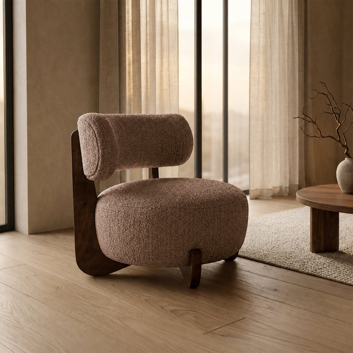 ESTER Fauteuil en tissu texturé taupe pieds en bois foncé - Fauteuils - Mobilier Deco