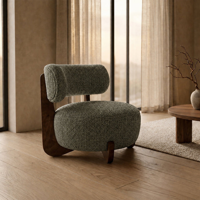 ESTER Fauteuil en tissu texturé vert pieds en bois foncé – Fauteuils Mobilier Deco