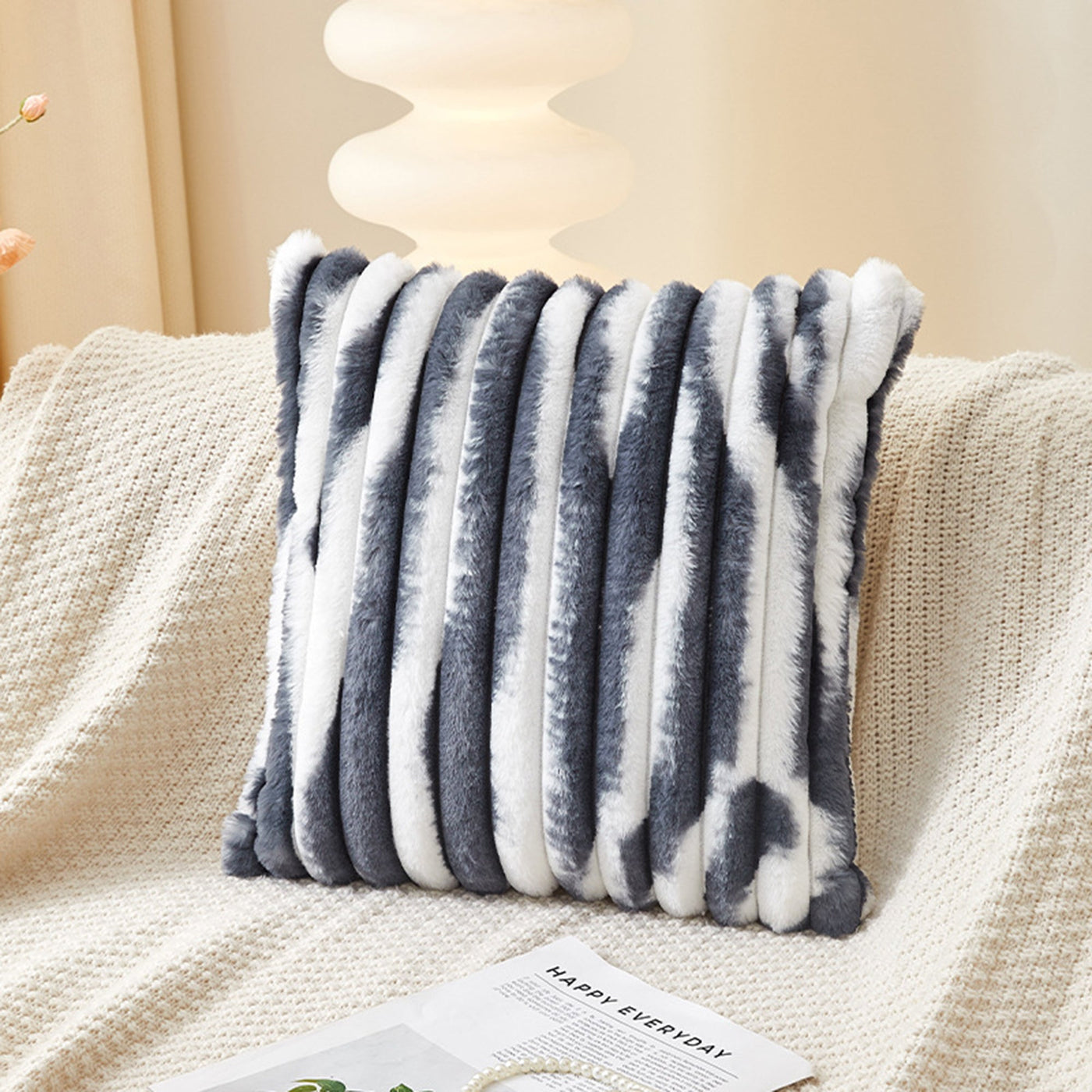 EVELYA Coussin carré en tissu côtelé gris et blanc 43x43 cm - Coussins - Mobilier Deco