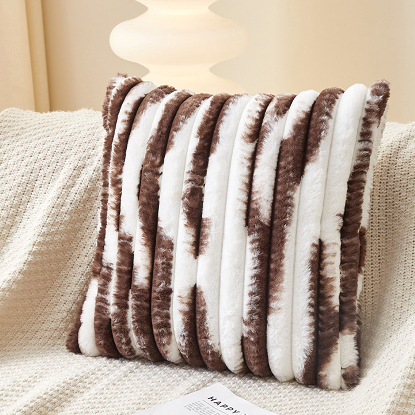 EVELYA Coussin carré en tissu côtelé  marron et blanc 43x43 cm