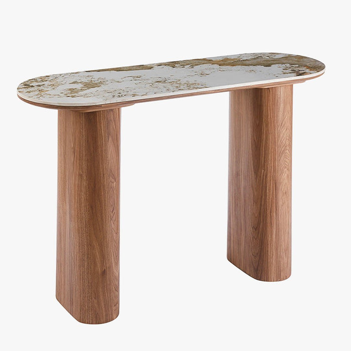 EVORA Console en pierre frittée blanc pieds couleur bois clair 120 cm
