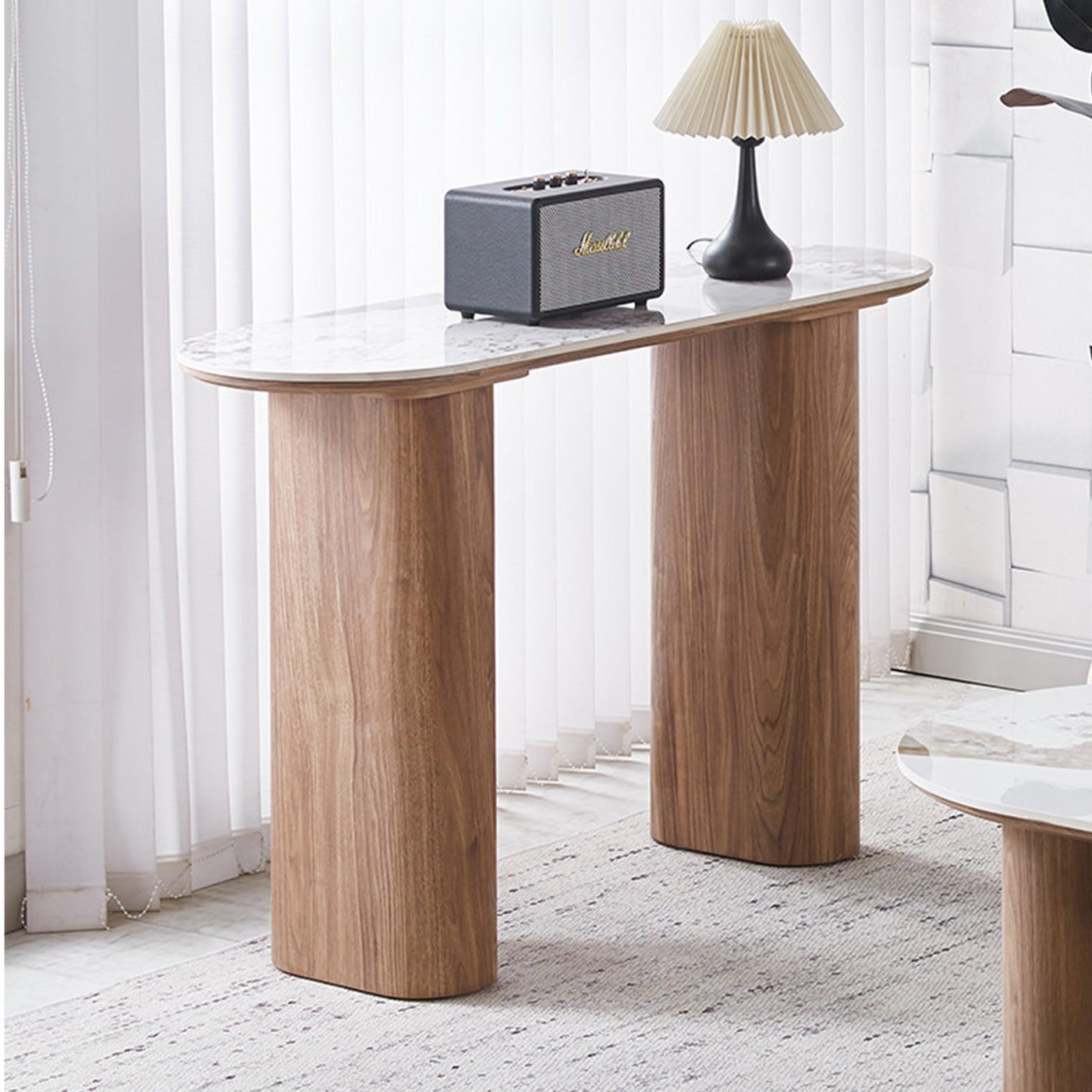 EVORA Console en pierre frittée blanc pieds couleur bois clair 120 cm