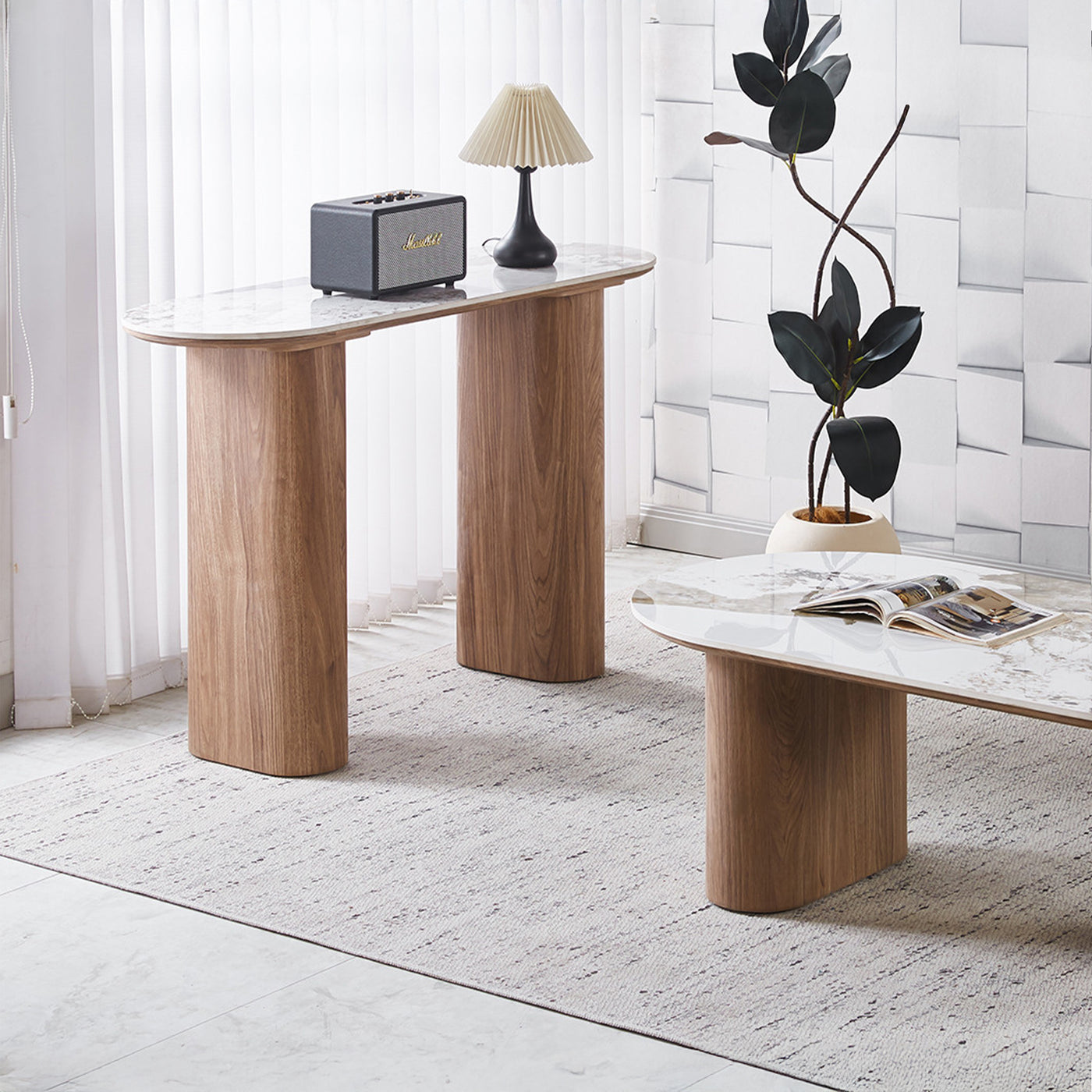 EVORA Console en pierre frittée blanc pieds couleur bois clair 120 cm