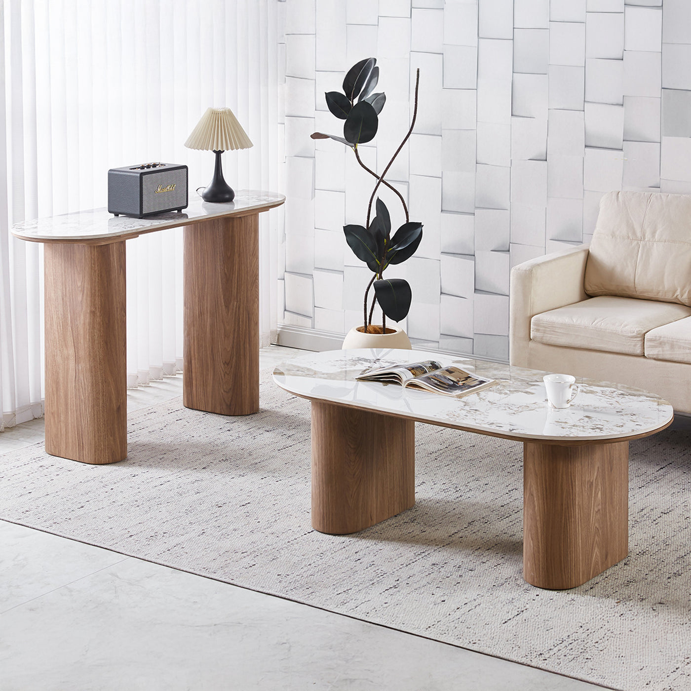 EVORA Console en pierre frittée blanc pieds couleur bois clair 120 cm