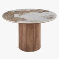 EVORA Table à manger ronde en pierre fritté blanc pieds couleur bois clair 120 cm